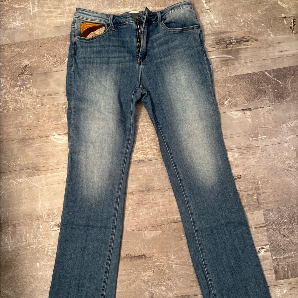 DRIFTWOOD Classic Blue Boot Cut Jeans with Tan Accent